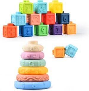 Montessori Toys for Babies 0-6 Months - Soft Stacking Building Blocks Rings Balls Sets 2 in 1 Baby Toys Educational Sensory Toys for Toddlers Learning and Teething Fun