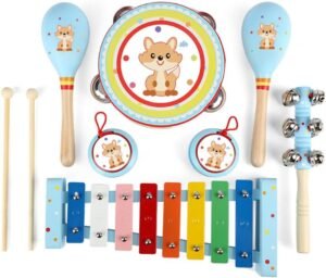 61NMTU3ZYSL._AC_SL1000 Kids Musical Instruments Sets, 12pcs Wooden Percussion Instruments Toys Tambourine Xylophone for Kids Playing Preschool Education, Early Learning Musical Toys for Boys Girls Gift (Blue)
