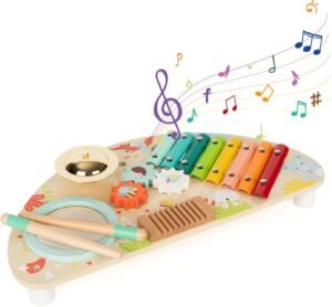 Baby Toys Musical Instruments, All-in-one Wooden Montessori Musical Set for 1&2Y (Includes Xylophone Drum Cymbal Guiro Gears), Gifts for 1+ Year Old Girl Preschool