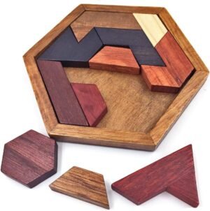 Hexagon Tangram Puzzle Wooden Brain Puzzles for Kids & Adult Challenge Wooden Brain Teasers Puzzle Games for Family Party Gift - Brain Games for Kids