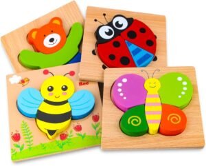 Wooden Animal Puzzles for Toddlers 1 2 3 Years Old, Boys & Girls Educational Toys Gift with 4 Animal Patterns, Bright Vibrant Color Shapes, Customize Gift Box Ready