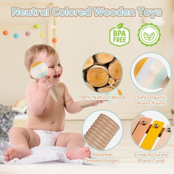 7185fJkf5iL._AC_SL1500 Baby Musical Instruments - Montessori Musical Toys for Toddlers 1-3, Neutral Colors Wooden Percussion Instruments Set, Modern Boho Xylophone Tambourine, Kids Preschool Educational Birthday Gifts