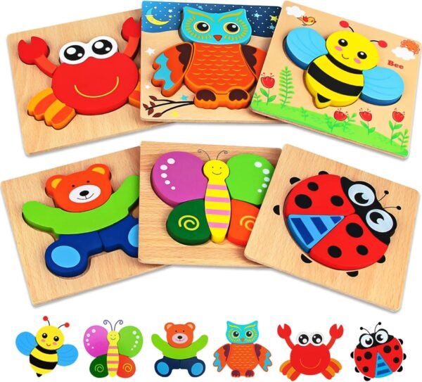 719NvhWTyLL._AC_SL1500 Wooden Puzzles for Toddlers Ages 1-3, Montessori Toys for 1 2 3 Years Old Girls Boys Baby Kids Puzzle Learning Educational Christmas Birthday Gifts Toys 6 Pack Animal Jigsaw Puzzle