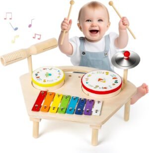 71BxVPNxENL._AC_SL1500 Kids Drum Set for Toddlers 1-3, Baby Preschool Musical Toys 7 in 1 Montessori Instruments Set Wooden Music Toy Baby Drum Kit Xylophone Birthday Gifts for Boys Girls
