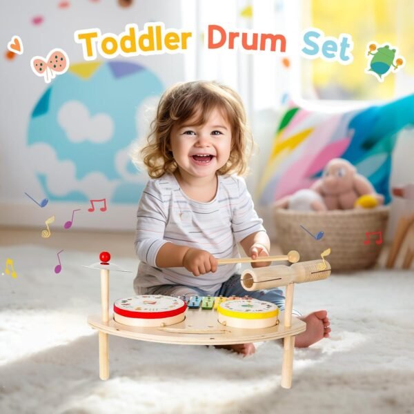 71FCLZf9DWL._AC_SL1500 Kids Drum Set for Toddlers 1-3, Baby Preschool Musical Toys 7 in 1 Montessori Instruments Set Wooden Music Toy Baby Drum Kit Xylophone Birthday Gifts for Boys Girls