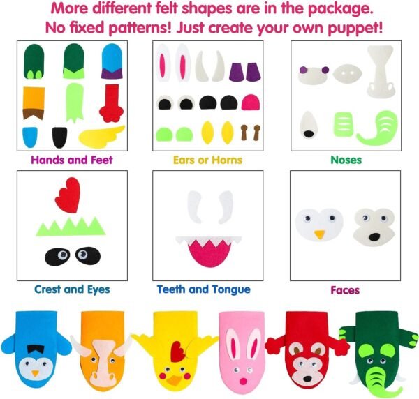 71J6ILRRCIL._AC_SL1500 6Pcs Hand Puppet Making Kit, Art Craft Felt Sock Puppet Toys, Creative DIY Make Your Own Puppets Pompoms Wiggle Googly Eyes Storytelling Role Play Party Supplies Gift for Girls Boys (Animals)