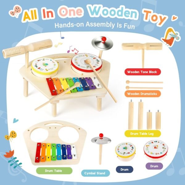 71JYEPHtr2L._AC_SL1500 Kids Drum Set for Toddlers 1-3, Baby Preschool Musical Toys 7 in 1 Montessori Instruments Set Wooden Music Toy Baby Drum Kit Xylophone Birthday Gifts for Boys Girls