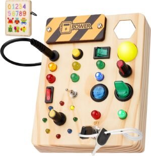 71NFpfG2U9L._AC_SL1500 Montessori Toddler Busy Board, 27 LED Lights Montessori Toys for 1-6 Year Old, Wooden Sensory Toy for Boys & Girls Gifts