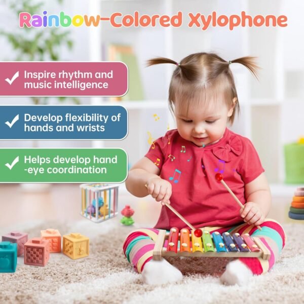 71PqAyJhiRL._AC_SL1500 6 in 1 Montessori Baby Toys for 1 + Year Old, Infant Sensory Teething Toys for Babies 6-12 Months, Wooden Stacking Building Blocks Shape Sorter, Xylophone Musical Toy, Birthday Gift for Toddlers 1 2 3