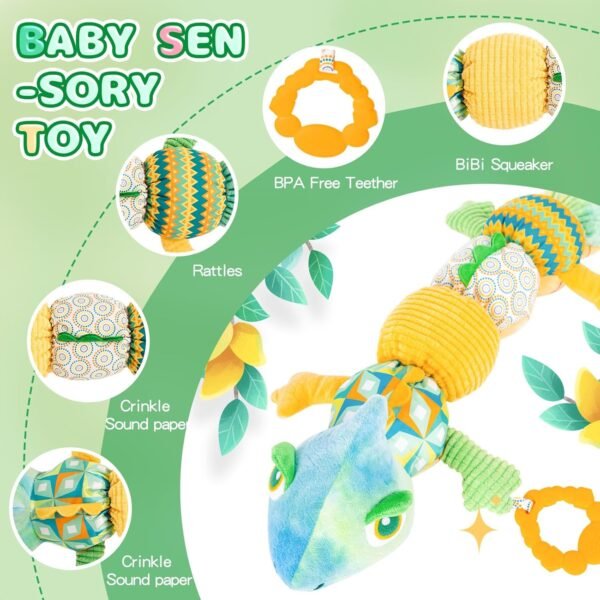 71Ui7JnJ_0L._AC_SL1500 Baby Toys 0-6 Months, Baby Musical Toys, Infant Toys Stuffed Animal Toys with Rattles, Crinkle, Bell, Baby Teething Toys for Tummy Time Newborn Sensory Boys Girls 0 3 6 12 Months (Green Chameleon)