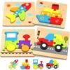 Wooden Toddler Puzzles Gifts Toys for 1 2 3 Years Old Boys Girls, 6 Vehicle Shape Montessori Toys Educational Blocks Kids Toys Gift Baby Learning Toy Age 1-3, 2-4