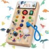 Montessori Wooden Busy Board with 8 LED Light switches, Sensory Toys Light Switch Travel Toys for 1+ Year Old Baby and Toddler