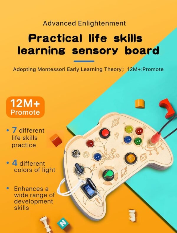 71ltEe006kL._AC_SL1500 Montessori Busy Board Toy for 1 2 3 Year Old Kids, Wooden Controller Sensory Toy for Autistic Children with LED Light Up Buttons, Early Learning Fidget Toy Great for Gift