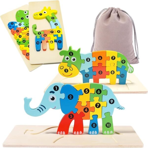 71m3idlwOUL._AC_SL1500 Wooden Toddler Puzzles for Kids Ages 3-5, Wooden Puzzles for Toddler, Montessori Toys for 3 Year Old Boys and Girls, 3-Pack Dinosaur Puzzles and 1-Pack Animal Wooden Puzzle