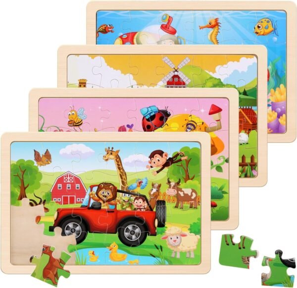 71qe6xwc-FL._AC_SL1500 Wooden Puzzles Toys for Kids Ages 3-5, Set of 4 Packs with 20-Piece Farm, Animals Theme Wood Jigsaw Puzzles, Preschool Educational Brain Teaser Toys for Boys and Girls 3-6 Years Old.