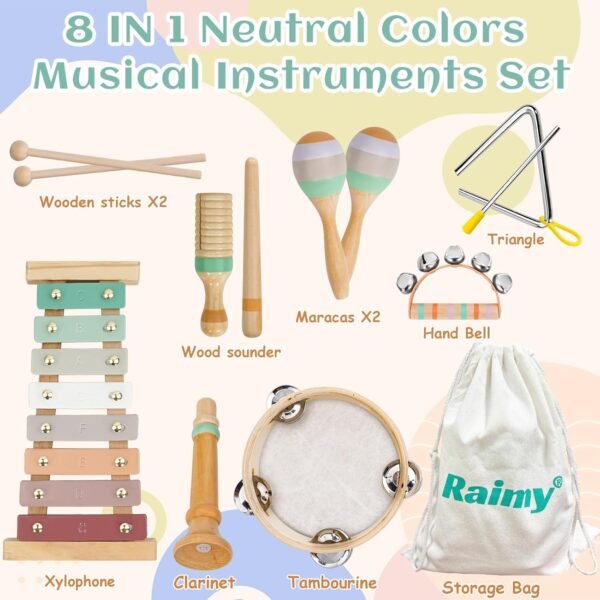 71u63tNIdGL._AC_SL1500 Musical Instruments Set - Neutral Colors Wooden Montessori Toys Percussion Music Modern Boho Xylophone Birthday Gifts for 1 2 3 Year Old Kids Baby Toddlers Boys Girls with Storage Bag