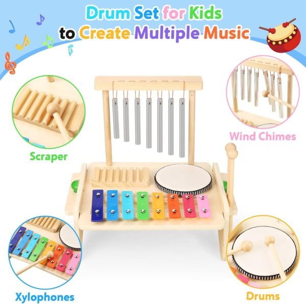 71ugDwGb_fL._AC_SL1500 Kids Drum Set,Baby Musical Instrument for Toddler,Wooden Xylophone for Toddlers with Baby Drum Set and Wind Chime,Montessori Musical Instruments Toys for Kids,Musical Toys for Toddlers Birthday Gift