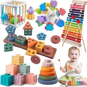 71wL3P7QOrL._AC_SL1500 6 in 1 Montessori Baby Toys for 1 + Year Old, Infant Sensory Teething Toys for Babies 6-12 Months, Wooden Stacking Building Blocks Shape Sorter, Xylophone Musical Toy, Birthday Gift for Toddlers 1 2 3