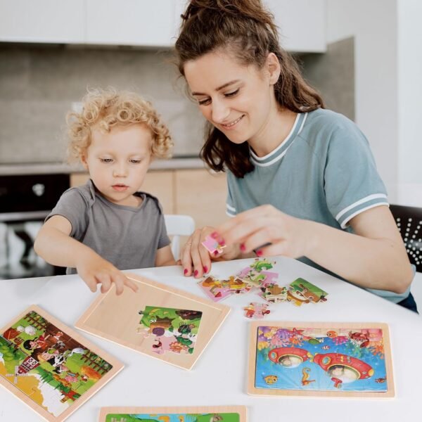 71y5gYdtUAL._AC_SL1500 Wooden Puzzles Toys for Kids Ages 3-5, Set of 4 Packs with 20-Piece Farm, Animals Theme Wood Jigsaw Puzzles, Preschool Educational Brain Teaser Toys for Boys and Girls 3-6 Years Old.