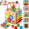 Wooden Activity Cube, 8-in-1 Montessori Toys for 1+ Year Old Boys & Girls, Educational Learning Toys for Toddlers Age 1-2, First Birthday Gift | Bonus Sorting & Stacking Board and Word Cards