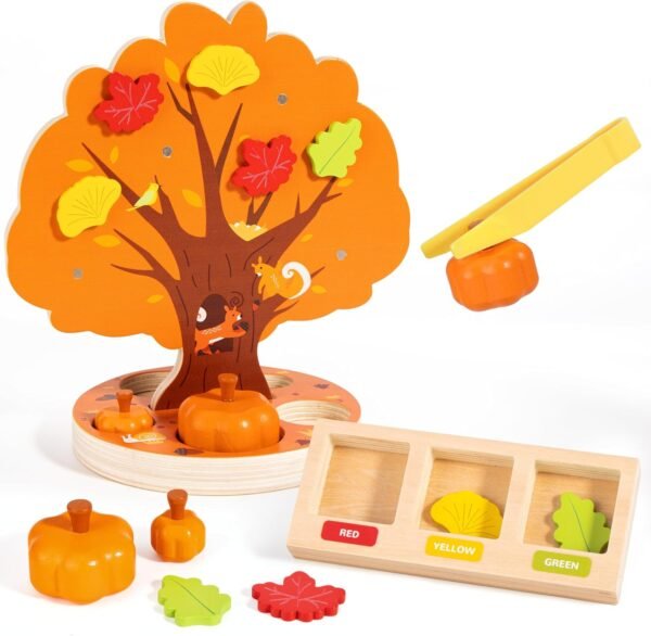 818tcksdF6L._AC_SL1500 Montessori Toys for 3 4 5 6 Year Old, Pumpkin Picking Magnetic Leaves Tree Toy, Toddler Fine Motor Skill Toy, Wooden Sensory Color Sorting Toys, Fall Autumn Harvest Activities for Boys Girls