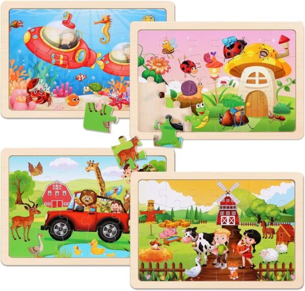 81EYcxpP77L._AC_SL1500 Wooden Puzzles Toys for Kids Ages 3-5, Set of 4 Packs with 20-Piece Farm, Animals Theme Wood Jigsaw Puzzles, Preschool Educational Brain Teaser Toys for Boys and Girls 3-6 Years Old.