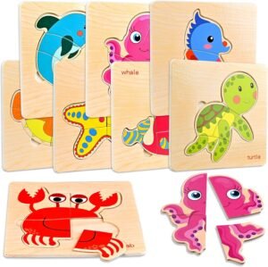 81GsLSYybKL._AC_SL1500 8pcs Wooden Puzzles for Toddlers 1-3, Toddler Puzzles Ages 2-4, Montessori Toys for 1-3+ Years Girl Boy, Sea Animal Puzzle for Kids, Jigsaw Puzzles Educational Toys Preschool Puzzles for 1-3