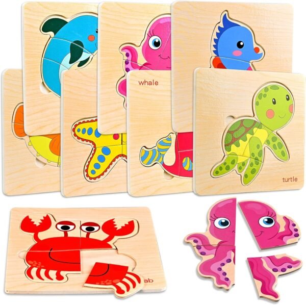 8pcs Wooden Puzzles for Toddlers 1-3, Toddler Puzzles Ages 2-4, Montessori Toys for 1-3+ Years Girl Boy, Sea Animal Puzzle for Kids, Jigsaw Puzzles Educational Toys Preschool Puzzles for 1-3