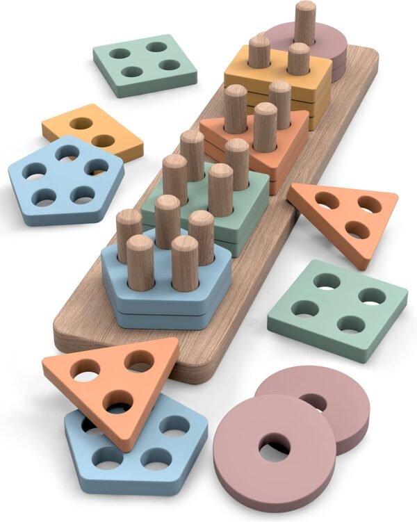 81K53eRBg3L._AC_SL1500 Montessori Toys for 18+ Months Old - Toddlers Wooden Sorting and Stacking Toys for Baby Boys and Girls - Shape Sorter and Color Stacker Preschool Kids Wood Gifts