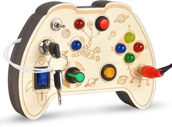 81TQZQpyL0L._AC_SL1500 Montessori Busy Board Toy for 1 2 3 Year Old Kids, Wooden Controller Sensory Toy for Autistic Children with LED Light Up Buttons, Early Learning Fidget Toy Great for Gift