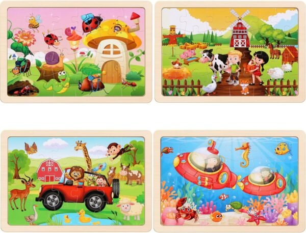 81ZtRMenWvL._AC_SL1500 Wooden Puzzles Toys for Kids Ages 3-5, Set of 4 Packs with 20-Piece Farm, Animals Theme Wood Jigsaw Puzzles, Preschool Educational Brain Teaser Toys for Boys and Girls 3-6 Years Old.