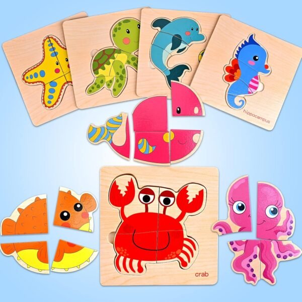 8pcs Wooden Puzzles for Toddlers 1-3, Toddler Puzzles Ages 2-4, Montessori Toys for 1-3+ Years Girl Boy, Sea Animal Puzzle for Kids, Jigsaw Puzzles Educational Toys Preschool Puzzles for 1-3