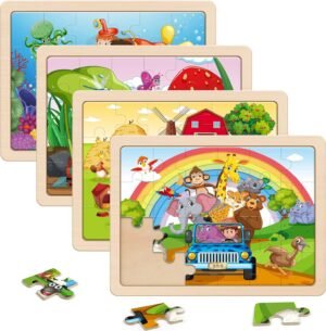Large Animals Wooden Puzzles for Kids 4 in 1 Gift Box(12.2 * 9.4 in) - FSC Certified, Jigsaw Puzzles for Toddlers 2-4, Puzzles for Kids Ages 4-6, Wood Toys Gifts for 3 4 5 Year Old Boys Girls