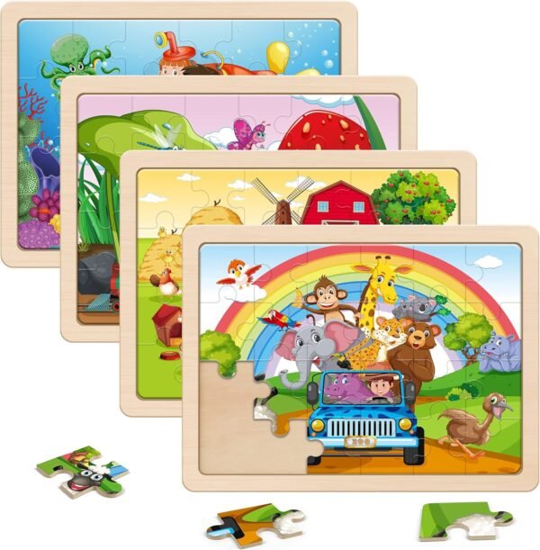 81lP4wZXHLL._AC_SL1500 Large Animals Wooden Puzzles for Kids 4 in 1 Gift Box(12.2 * 9.4 in) - FSC Certified, Jigsaw Puzzles for Toddlers 2-4, Puzzles for Kids Ages 4-6, Wood Toys Gifts for 3 4 5 Year Old Boys Girls