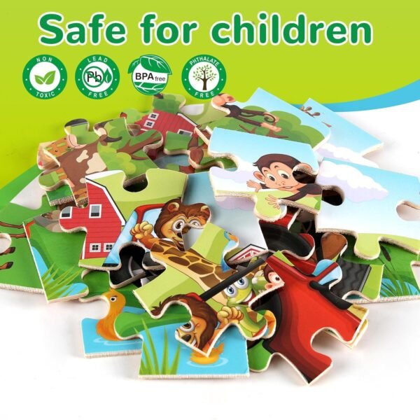 81ooN3u7DOL._AC_SL1500 Wooden Puzzles Toys for Kids Ages 3-5, Set of 4 Packs with 20-Piece Farm, Animals Theme Wood Jigsaw Puzzles, Preschool Educational Brain Teaser Toys for Boys and Girls 3-6 Years Old.