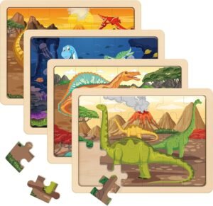 Large Dinosaur Wooden Puzzles for Kids 4 in 1 Gift Box(12.2*9.4 in) - FSC Certified, Jigsaw Puzzles for Toddlers 2-4, Puzzles for Kids Ages 4-6, Dinosaur Toys Gifts for 3 4 5 Year Old Boy Girl