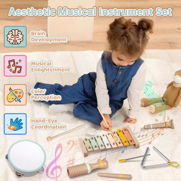 81zf7Z18FOL._AC_SL1500 Baby Musical Instruments - Montessori Musical Toys for Toddlers 1-3, Neutral Colors Wooden Percussion Instruments Set, Modern Boho Xylophone Tambourine, Kids Preschool Educational Birthday Gifts