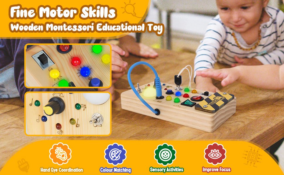 montessori toddler busy board, baby wooden busy board sensory toys light switch toys travel toys